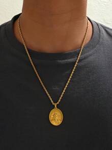 1pc Retro 18K Gold Plated Stainless Steel Jesus Pendant Necklace, Unisex Christian Figure Necklace, Fashionable Gold Jesus Necklace Suitable For Daily Wear And Holiday Gifts - Gold - View 4