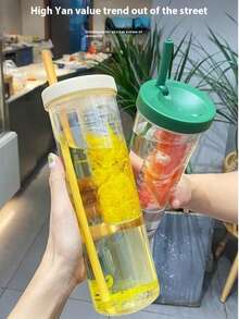 便携式花朵茶杯，带茶叶隔层、干湿分离功能、水果柠檬滤吸管杯，学生及户外运动塑料水瓶 - 彩色 - 查看 7