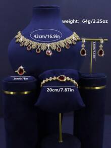 5pcs 18K Gold Plated Luxury Royal Style Maple Leaf Design Bridal Wedding Jewelry Set, Suitable For Daily Wedding Wear, Wedding Anniversary Gift (Gold Gift Box) - Maple Leaf Red Diamond Bride Set - View 3