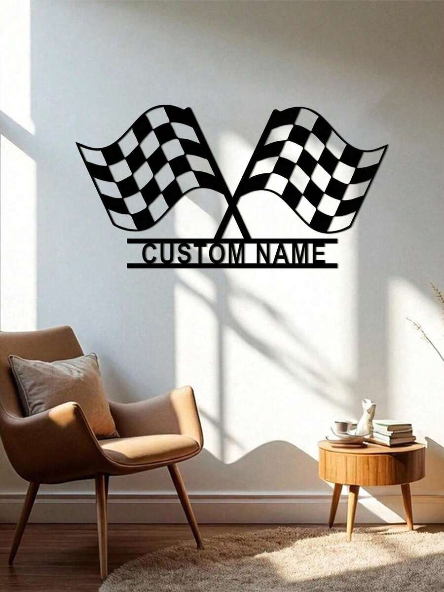 3 Size Options! 1pc Personalized Metal Racing Flag Gate Wall Decor - Custom Name Iron Art Wall Hanging, Black Finish, Suitable For Home And Garage Decoration, Fit For Children 14+ Years Old - Black - View 1