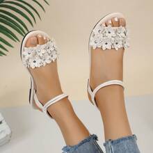 Women's Stylish Multi-Flower Sandals, Stitched Petal Detail, Adjustable Ankle Strap, Open Toe, Comfort Flat Heel, Beige Casual Sandals, Feminine-Chic Style For Warm-Weather Daily Wear - 米色 - 查看 4