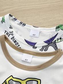 Set 4pcs Kaos Lengan Pendek Leher Bulat Motif Dinosaurus dan Celana Pendek Kasual Pinggang Elastis untuk Anak Laki-laki, Cocok untuk Musim Semi/Panas - Khaki - View 3