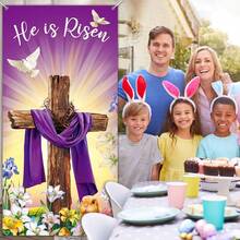 1pc 2D Flat Easter Doorway Banner, Happy Easter Decoration, Risen He Lives Porch Sign, Religious Doorway Decor, Large Fabric Cross Easter Doorway Background, Jesus Spring Easter Party Decor, Hanging Flag, No Power Required - Multicolor - View 5