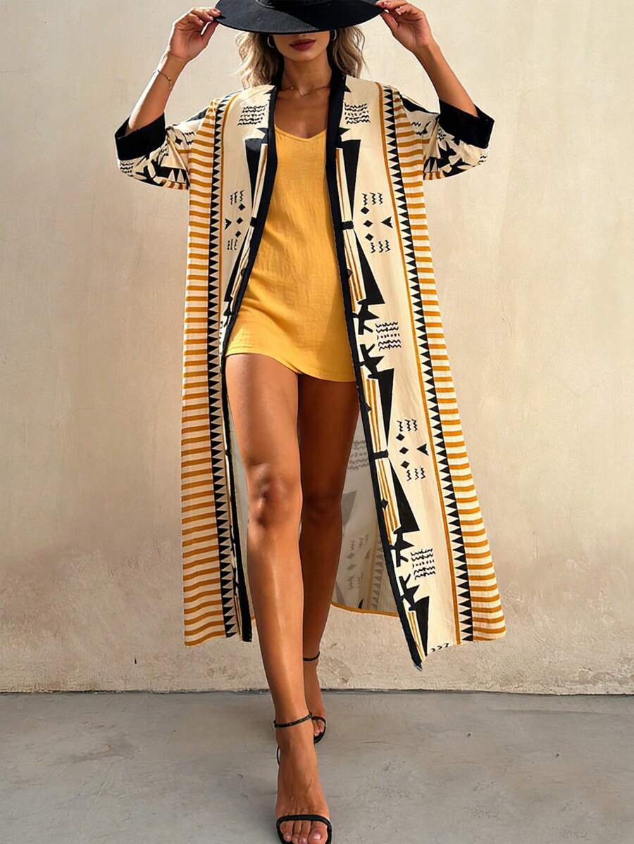 女士时尚优雅休闲度假图腾印花撞色开衩下摆长袖轻薄外套 女士夏季长款轻薄开襟罩衫 女士沙滩罩衫