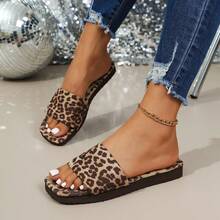 Women's Thick Sole Wedge Heel Square Toe Sandals, Leopard Print Pattern, Single Strap, Open Toe Design, Suitable For Beach, Vacation And Daily Wear - Embroidered Leopard Print - View 9