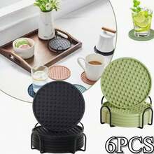 6pcs Drink Coasters Set With Holder, Heat-Resistant Silicone Material, Protect Tabletop, Suitable For Any Type Of Table Including Wood And Stone, Dishwasher , Non-Slip Design, Fit Various Drink Cup Sizes - Multicolor - View 2