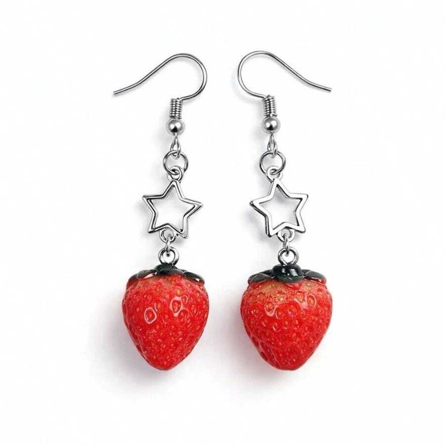 Strawberry Star Earring Pair Of Stainless Steel Star Pendant Earrings - 星星草莓 - 查看 1
