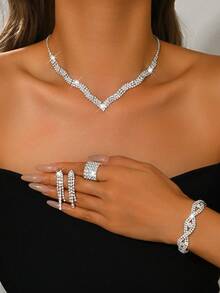 5pcs/Set Fashionable Black Jewelry Set - Necklace, Earrings, Bracelet, Elastic Ring