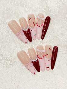 Crispy And Sweet Cherries At Your Fingertips! Y2K Style 10pcs Handmade Nails Oval Long Pointed Nails Pink And Red Color-Block French Manicure With Hand-Painted Cherries, Red Polka Dots, White Small Pearls, 3D Pink Bow Decoration. Cute And Playful, Suitable For Dates, Gatherings With Friends, Outings, And Vacation Wear. Brightening And High-End Feel, Reusable Handcrafted Press-On Nail Set With Jelly Glue And A Mini Nail File. Nail Supplies Handmade Press On Nails - Pink - View 19
