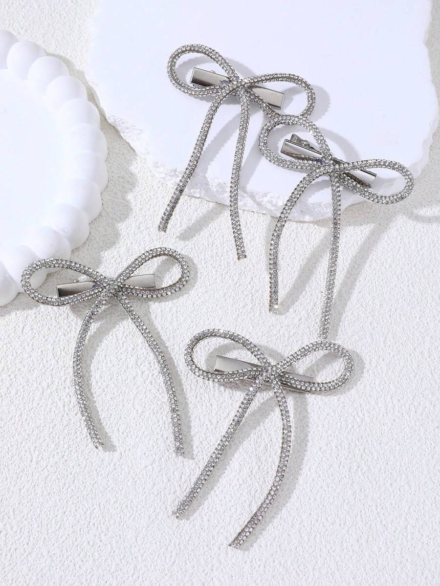 4 قطع/مجموعة مشابك شعر فضية مرصعة بالراين، إكسسوارات شعر أنيقة وعصرية للنساء، مناسبة للحفلات والمناسبات - فضي - مشاهدة 1
