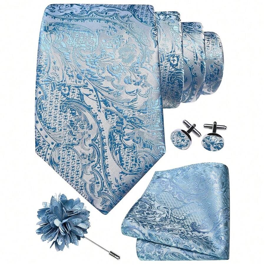 GUSLESON 8cm Paisley Tie Set For Men Necktie Lapel Pin Pocket Square Cufflinks Set For Men,DustyBlue - DustyBlue - View 1