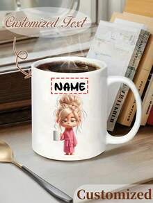 11oz Personalized Coffee Mug - Customizable Name Ceramic Cup, Cute Lazy Girl Design, Dishwasher & Microwave , Leak-Proof, Suitable For Hot & Cold Drinks, Great For Office, Home, Birthday, Coffee Shop And More, Novelty Illustration - Multicolor - View 4