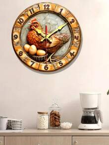 Relógio de Parede de Madeira Rústico Estilo Fazenda com Design de Galinha e Ovo - Silencioso, Operado a Bateria (AA não incluída) - Perfeito para Sala de Estar, Decoração de Cozinha - Multicolorido - Visão 1