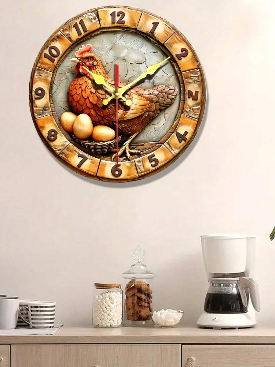 Relógio de Parede de Madeira Rústico Estilo Fazenda com Design de Galinha e Ovo - Silencioso, Operado a Bateria (AA não incluída) - Perfeito para Sala de Estar, Decoração de Cozinha - Multicolorido - Visão 1