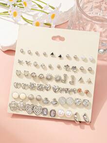 30 pares de pendientes de botón con perlas falsas de metal, rhinestones y flores geométricas, surtido de estilos, aptos para uso diario, citas y regalos - Plateado - Ver 2
