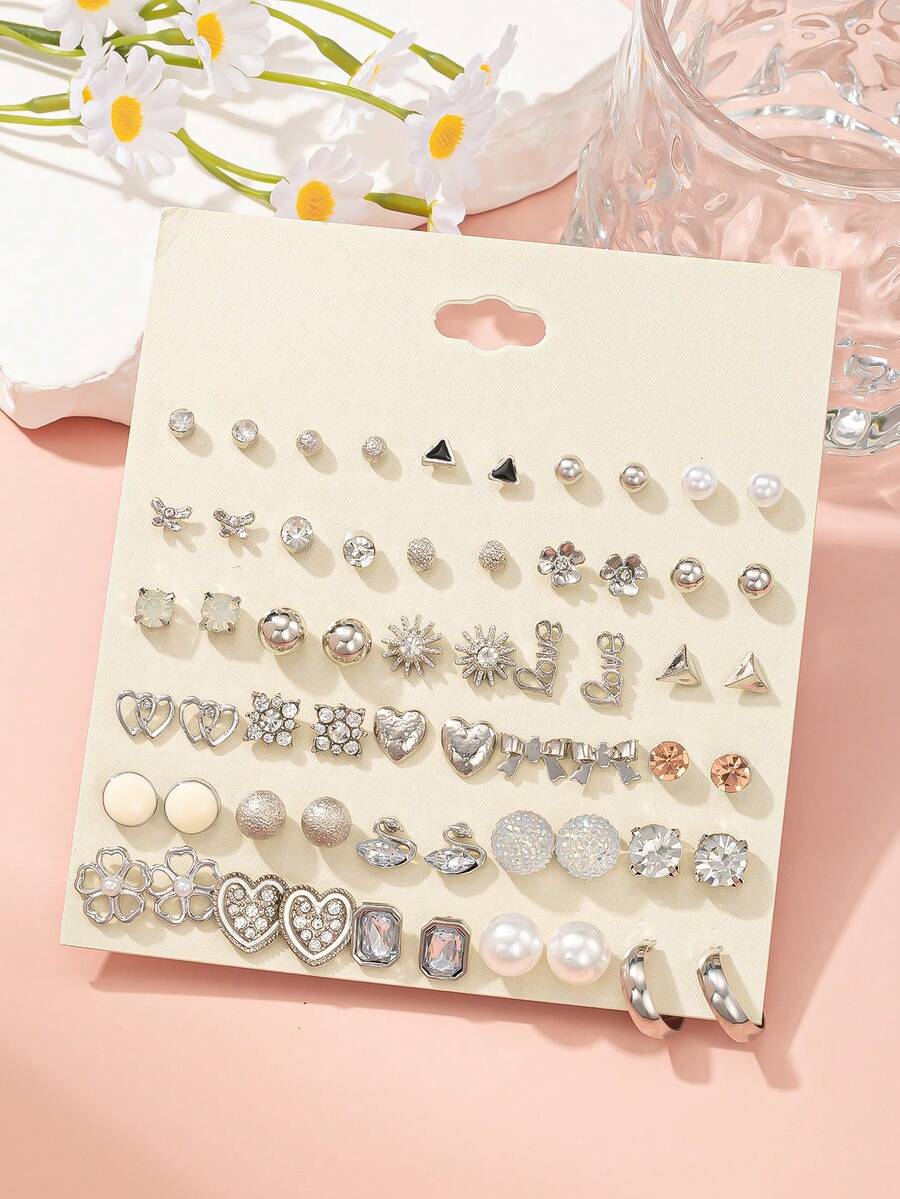 30 pares de pendientes de botón con perlas falsas de metal, rhinestones y flores geométricas, surtido de estilos, aptos para uso diario, citas y regalos