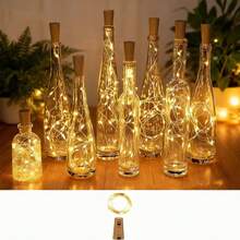 10个装带软木塞的葡萄酒瓶灯串 - 6.56英尺（20个LED电池供电软木塞灯），防水银线串灯，适用于DIY葡萄酒瓶、派对、酒吧、圣诞节、节日、婚礼、房间装饰