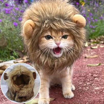 1件可调节狮子鬃毛假发，趣味造型帽，可爱猫/狮子头饰，可水洗狮子毛发装扮，带耳朵，佩戴舒适，适合小型猫/狗，猫咪服装，角色扮演和摄影，宠物配饰