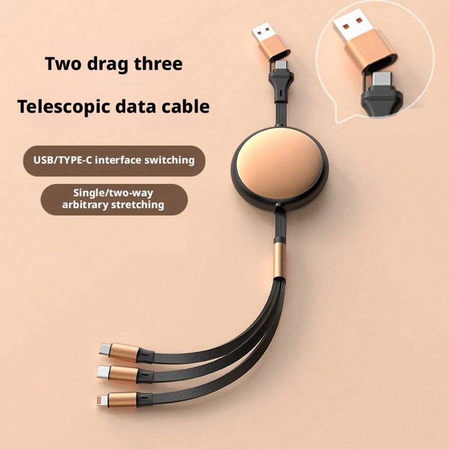 120W Multi-Function Fast Charging Cable, 3-In-1 Retractable Charging Cable - USB C/Lightning/Micro USB, 5A High-Speed Fast Charging Cable, Adjustable Data Cable, Suitable For All Devices Travel Multi-Function Charger