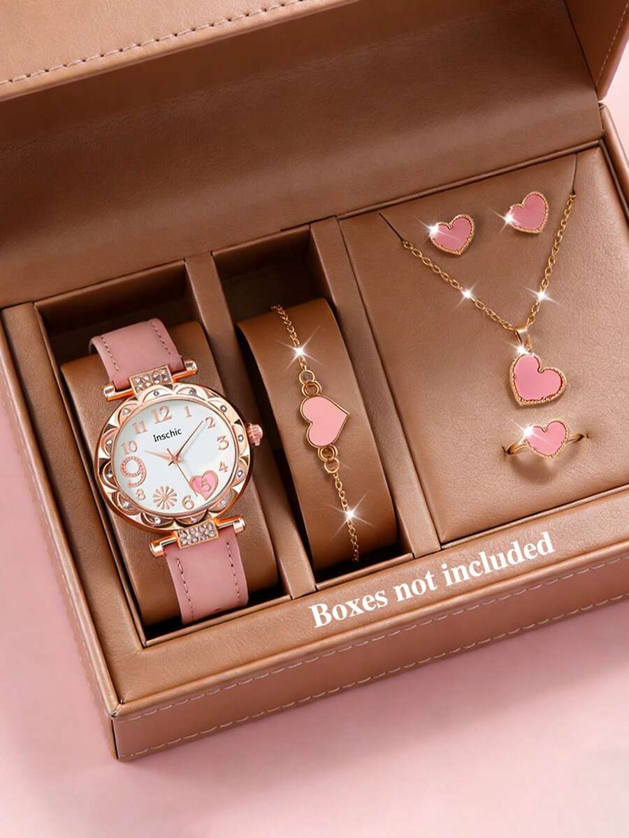 6pcs Casual Fashion Pink Quartz Watch With Heart-Shaped Bracelet, Necklace, Earrings & Ring Set, Round Case With Floral Embellishment Design, Best Birthday Gift For Her, Versatile For Daily, Party, Holiday, Valentine's Day Special - Pink - View 1