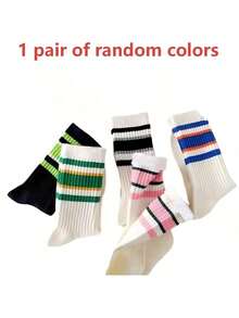1/3/5 Pairs Striped Pattern Layered Sports Socks, Women's New Casual Mid-Calf Socks For Spring And Autumn, Comfortable And Soft, Suitable For Students, Fashionable And Versatile Striped Style - Multicolor - View 6