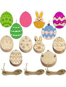 Easter Decorations, Rabbit, Chick, Egg Resurrection, Wedding Birthday Party Wooden Easter Eggs Painting, Easter Wooden Cut-Out Ornaments With Holes, Wooden Egg Hanging Decorations, DIY Painting Wooden Slices, Easter Crafts, Party Supplies