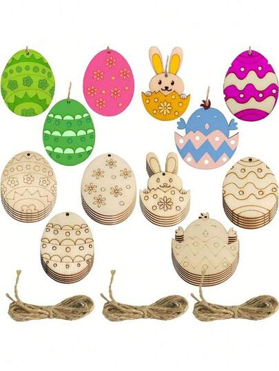 Easter Decorations, Rabbit, Chick, Egg Resurrection, Wedding Birthday Party Wooden Easter Eggs Painting, Easter Wooden Cut-Out Ornaments With Holes, Wooden Egg Hanging Decorations, DIY Painting Wooden Slices, Easter Crafts, Party Supplies