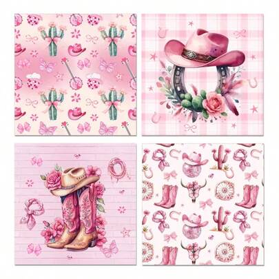 20/40/60pcs,Pink Western Theme Disposable Paper Napkins - Cowboy Boot/Hat/Cactus Patterns Cocktail Napkins For Country Western Party & Bridal Shower, Pink Western Cowboy Boots Hats Paper Roostertail Napkins Disposable Dinner Beverage Napkins For Party Banquet Birthday Wedding Charity Event Holiday Theme Decorations