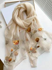 1pc Ladies' Floral Embroidery Fashion Scarf, Daily Silk & Knit Blend Shawl/Pashmina Long Scarf Outfit Accessory Elegant IMLB - 杏 - 查看 8