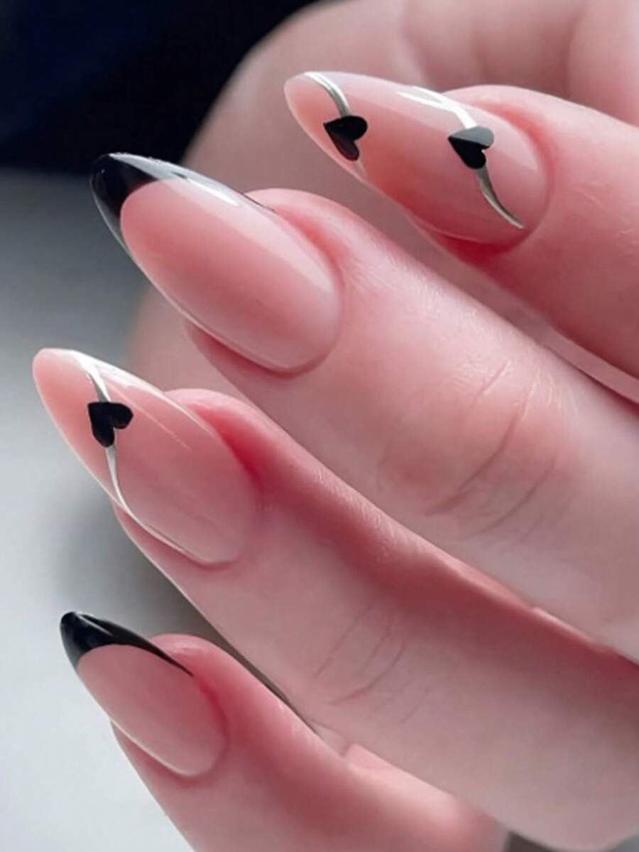 24pcs Valentine's Day French Black Heart Graphic Press-On Nail Strips - Medium Length, Glossy Finish, Almond Shape, Includes 1 Gel Glue And 1 Nail File Nails - Black - View 1