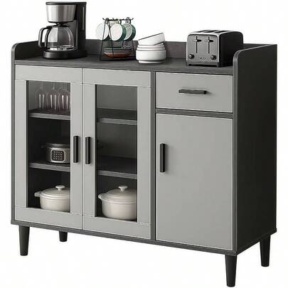 サイドボード 食器棚 木製 キッチン収納棚 34奥行きx100幅x92. 6高さcm 大容量 引き出し付き キャビネット 収納ラック 透明ドア 密閉防塵 おしゃれ 省スペース 電子レンジ 炊飯器 多機能収納 キッチン リビングルーム用 日本語説明書付き(グレー)