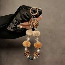 奢华高端棕色毛球水晶串珠手提包链、腕带、短挂绳、贝壳汽车钥匙链、手机挂绳 - 彩色 - 查看 2