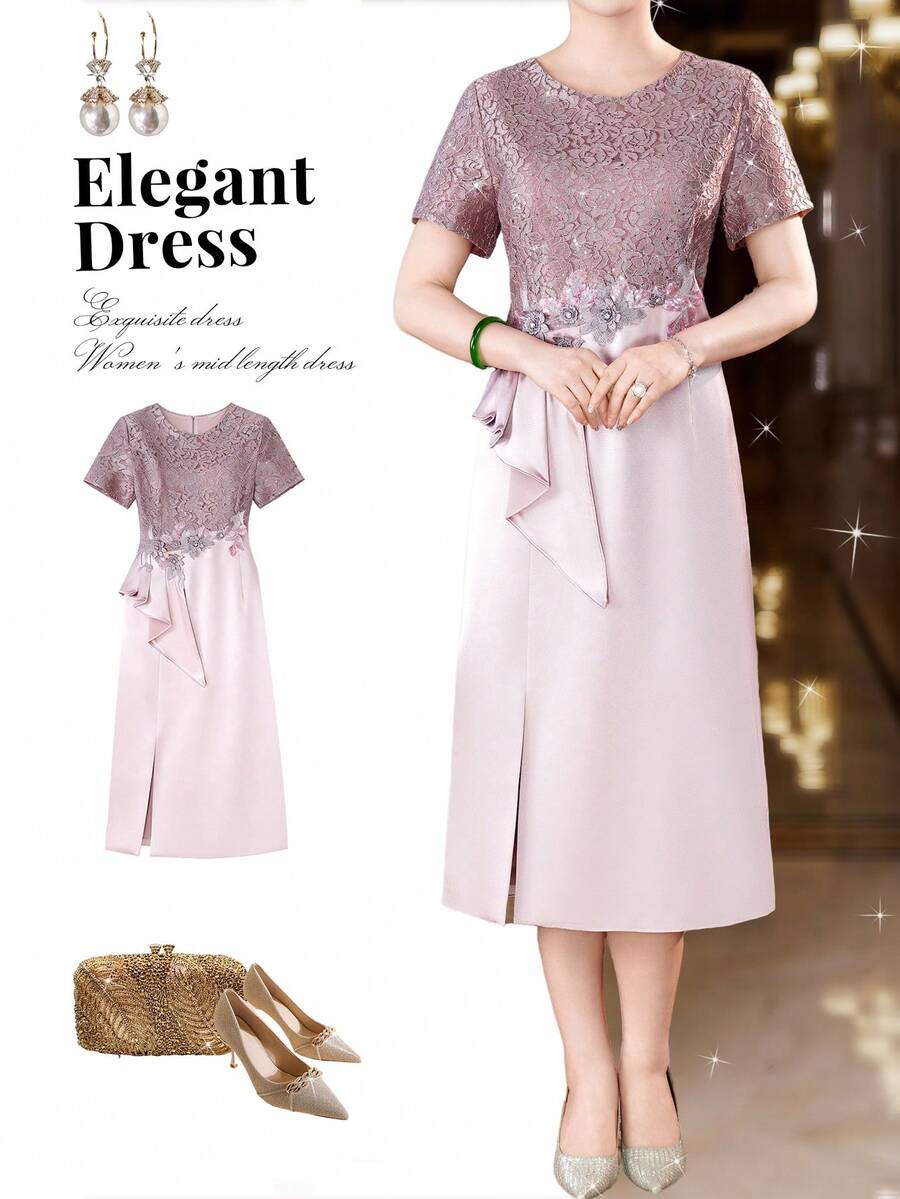 This Elegant And Luxurious Evening Gown Is Perfect For A Summer 2026 Mother's Wedding. The Round Neck, Short Sleeves, And Casual Style Exude Sophistication. Features Include Lace And Sequin Trim On Satin, A Slit At The Hem, And A Three-Dimensional Floral Design At The Waist. Ideal As A Gift For Mothers, This Fashionable And Stylish Dress Is Perfect For Weddings, Guest Receptions, Everyday Wear, Casual Occasions, Parties, Formal Events, Engagements, Ceremonies, Social Occasions, Birthday Parties, And Evening Banquets. - 淺紫色 - 查看 1