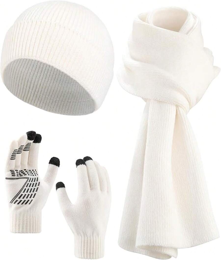 2026AWAYTR Women Winter Beanie Hat Scarf Gloves Set, 3Pcs Warm Knitted Hat Touchscreen Gloves Long Scarf For Cold Weather - 白色 - 查看 1