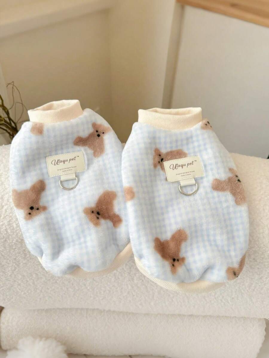 Small Dog Plush Plaid Teddy Bear Sweater With Leash Ring: Soft Warm Long Sleeve Pet Clothing, Suitable For Small Dogs (Maltese/Poodle), Cute Indoor/Outdoor Dog Fashion Vest - Multicolor - View 1