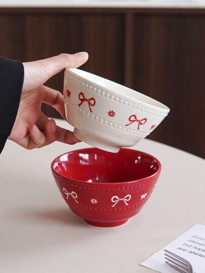 1pc Embossed Polka Dot Bow Ceramic Bowl, Elegant Butterfly Dessert Bowl, Minimalist High-Quality, Suitable For Daily Home Ceramic Bowls, Kitchen Utensils, Party Gathering Plates, Afternoon Tea Dessert Plates, Cake Plates, Gift