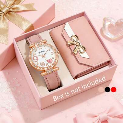 1pc/2pcs Girl's Elegant Precise Round Firework Quartz Watch, Comes With Fashion Wallet, Suitable For Daily Wear, Birthday/Holiday Gift, Party, Vacation, School Decoration, Valentine's Day, New Year Perfect Gift For Girls, Graceful Accessory