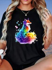 Colorful Fox Art Print Women's Casual T-Shirt Rainbow Animal Design Loose Fit Top Summer Wear Fashion Statement ShirtValentine's Day, St. Patrick's Day, Women's T-Shirt, 220g - màu đen - Xem 4