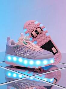 儿童/青少年四轮溜冰鞋，男孩/女孩LED可充电闪光溜冰鞋 - 粉色 - 查看 9