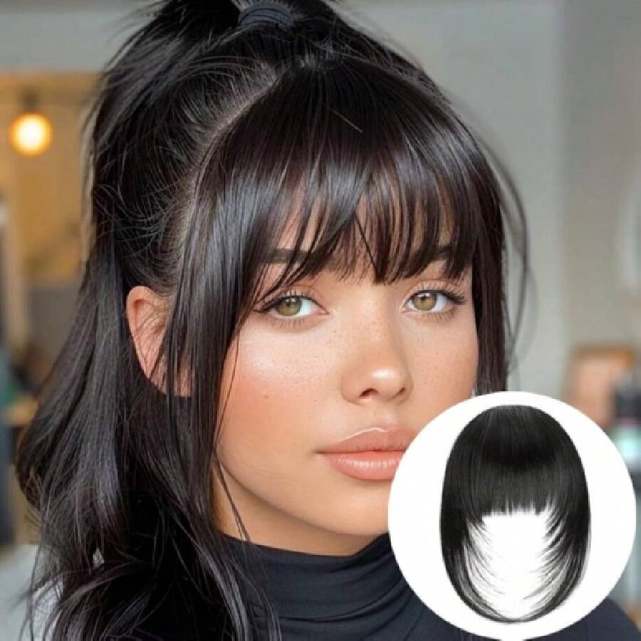 French Hair Straight Bangs Clip On, Natural Black Long Wispy Bangs Hair Clip With Temples Fringe Neat Bangs Clip In Hair Extensions For Women(#2A-Natural Black),38546575 - 彩色 - 查看 1