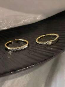 2枚奢华优雅铜合金心形水钻可调节戒指，适合少女佩戴，情人节及日常佩戴皆宜。