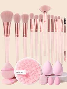 Eid Al-Fitr 21pcs Complete Makeup Brush Set, Including 13 Soft Brushes Such As Powder Brush, Blush Brush, Contour Brush, Highlighter Brush, Foundation Brush, Nose Shadow Brush, Eyeshadow Brush, Eyebrow Brush, Lip Brush And Detail Brush + 2 Triangular Sponges + 2 Liquid Beauty Eggs + 1 Finger Sponge + 2 Mini Beauty Eggs + 1 Facial Cleansing Puff, Suitable For Beginners, Professional Makeup Artists, And Novice Beauty Practice Scenarios - Pink - View 1