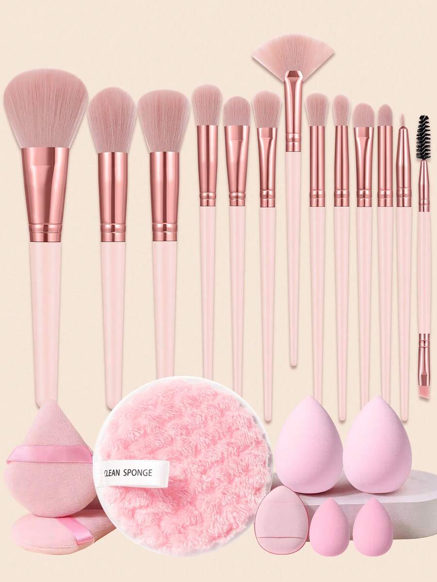 Eid Al-Fitr 21pcs Complete Makeup Brush Set, Including 13 Soft Brushes Such As Powder Brush, Blush Brush, Contour Brush, Highlighter Brush, Foundation Brush, Nose Shadow Brush, Eyeshadow Brush, Eyebrow Brush, Lip Brush And Detail Brush + 2 Triangular Sponges + 2 Liquid Beauty Eggs + 1 Finger Sponge + 2 Mini Beauty Eggs + 1 Facial Cleansing Puff, Suitable For Beginners, Professional Makeup Artists, And Novice Beauty Practice Scenarios - Pink - View 1
