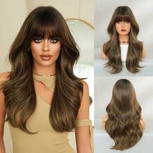 7JHH WIGS Natural Body Wave Brown Blonde Wigs For Women Long Wavy Synthetic Wig With Bangs Natural Looking Soft Fiber Beautiful Fluffy Wigs For Beginners Daily Party Wedding Use 22 Inch - Vàng - Xem 12