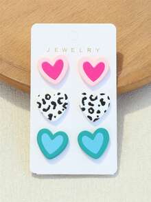 3 Pairs/Set Women's Pink Heart, Blue Heart, Leopard Print Acrylic Earrings, Romantic & Cute For Holidays, Party