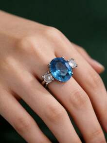 1pc Fashion Waterdrop Cut Blue Stone Ring Wedding Band Valentine's Day Jewelry Combining The Elegance Of The Main Stone With The Brilliance Of, Interpreting A Vintage Glamour Style, A Delicate Accessory To Light Up Your Outfit And Convey Unique Taste, For Teenager Women Christmas Gift Wedding Ring - Multicolor - View 9