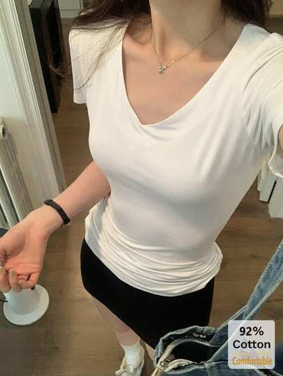 V领纯色修身短袖T恤 休闲