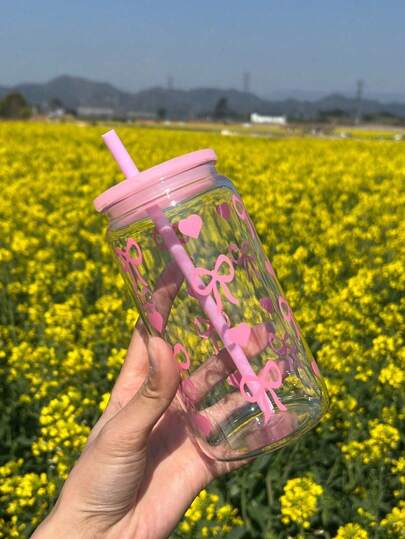 1pc 16oz Plastic Water Bottle With Bow Print, Comes With Reusable Colored Straws, Suitable For Storing Ice Cubes, Juice, Coffee, Water, Ideal Gift For Sisters And Friends. Available In Multiple Colors, Can Be Used As Car Cup, Office Coffee Cup, Daily Water Cup, And Valentine's Day Gift.