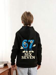 男童“意大利脑腐烂趣味数字67”图案套头卫衣，保暖舒适，内衬保暖层，适合秋冬季节穿着，适合活泼好动的男孩日常穿着、街头风和校园装扮。 - 黑色 - 查看 2