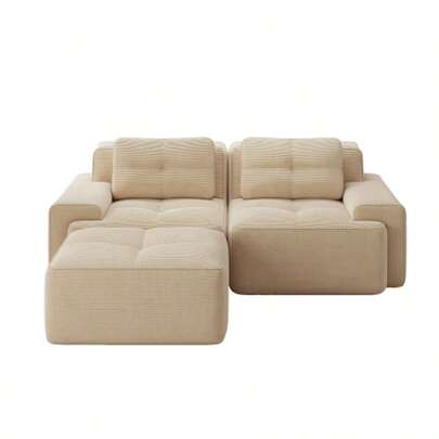 Sofa modułowa bez kości, nowoczesna sofa modułowa w kształcie litery L do salonów z głębokim siedziskiem, wygodna sofa z kordu w kształcie chmury z pufem, pikowana sofa dwuosobowa rozkładana, brązowa